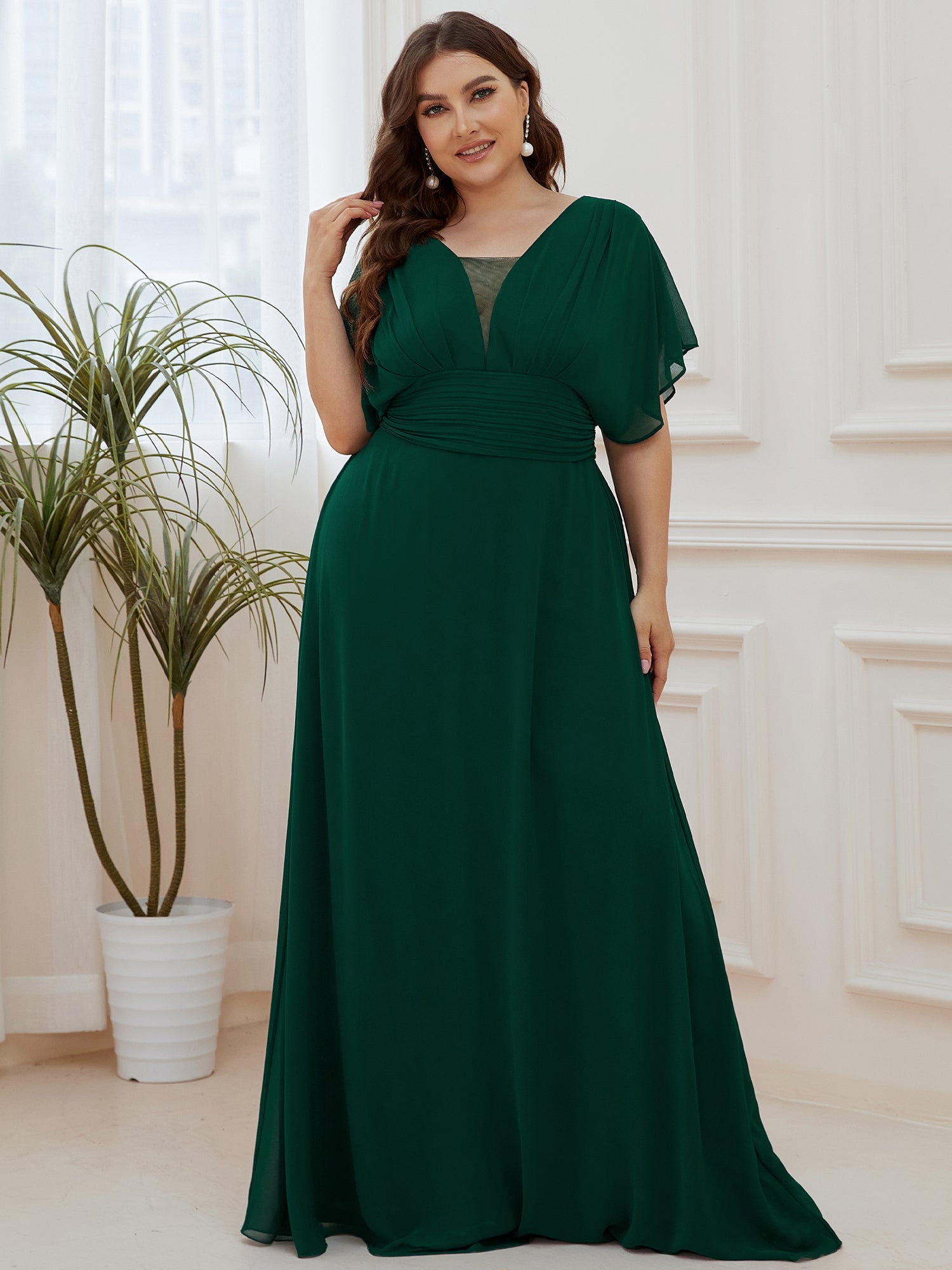 Maxi robe de soirée en mousseline de soie taille empire pour femmes #Couleur_Vert Fonce