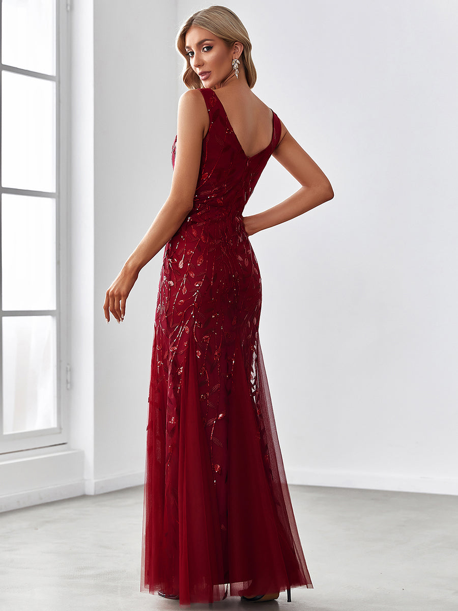 Robe de soirée Sexy Longue belle à double col en V pour femmes #Couleur_Bordeaux