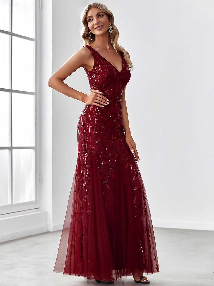 Robe de soirée Sexy Longue belle à double col en V pour femmes #Couleur_Bordeaux