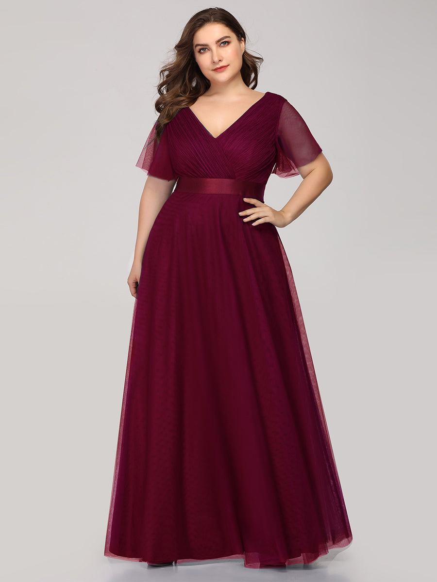 Robe de demoiselle d'honneur grande taille pour femmes avec manches courtes #Couleur_Bordeaux