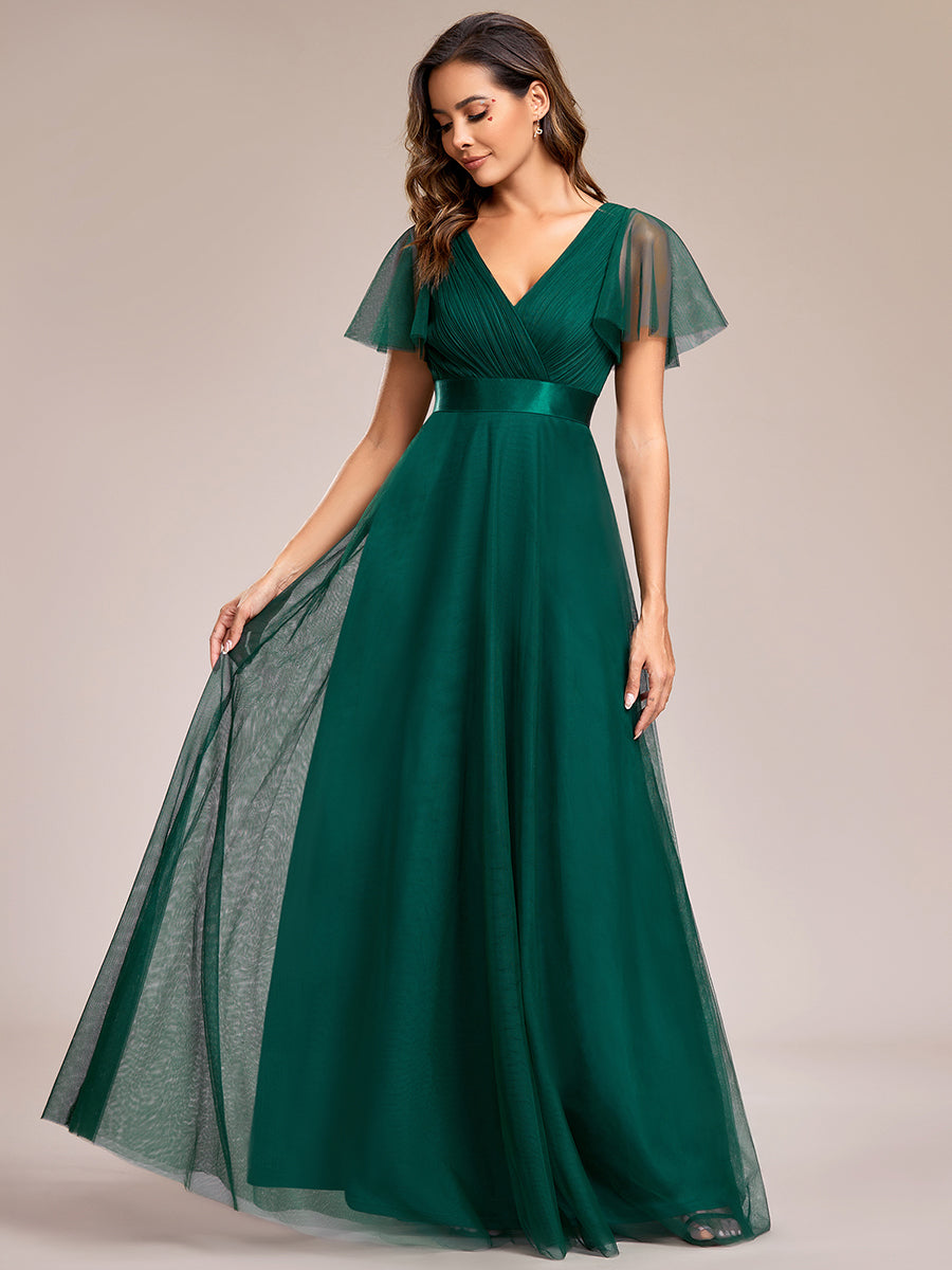 Robe Demoiselle D'Honneur Longue à Col V Et Manches Courtes Pour Femmes #Couleur_Vert Fonce