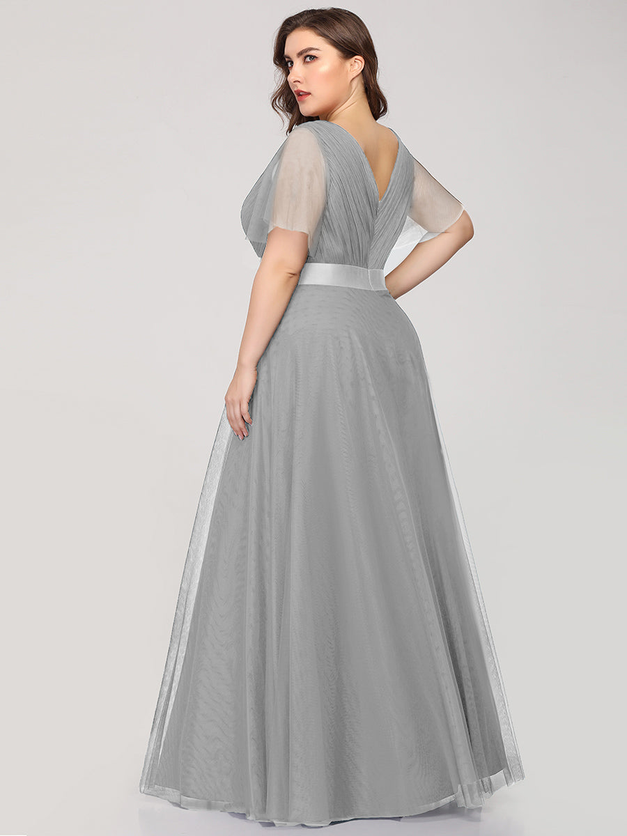 Robe Demoiselle D'Honneur Longue à Col V Et Manches Courtes Pour Femmes #Couleur_Gris