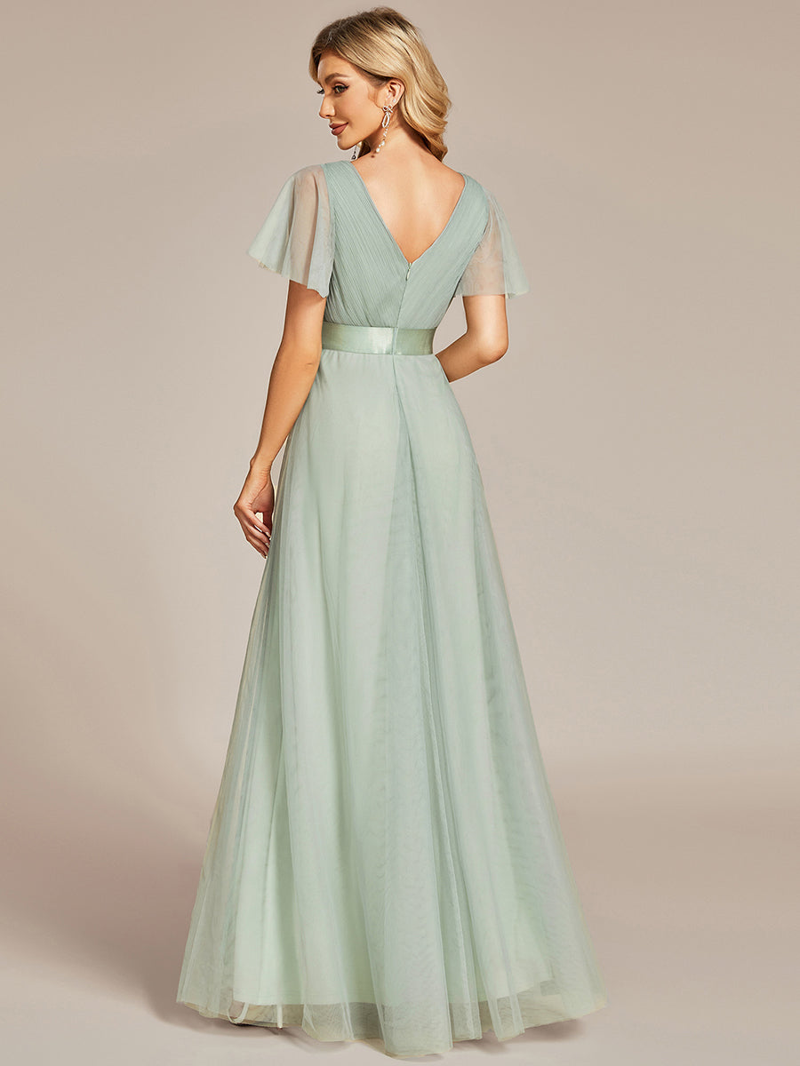 Robe Demoiselle D'Honneur Longue à Col V Et Manches Courtes Pour Femmes #Couleur_Menthe Verte