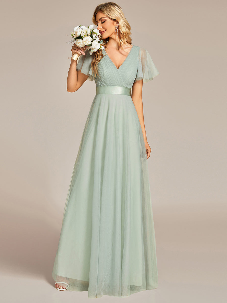 Robe Demoiselle D'Honneur Longue à Col V Et Manches Courtes Pour Femmes #Couleur_Menthe Verte