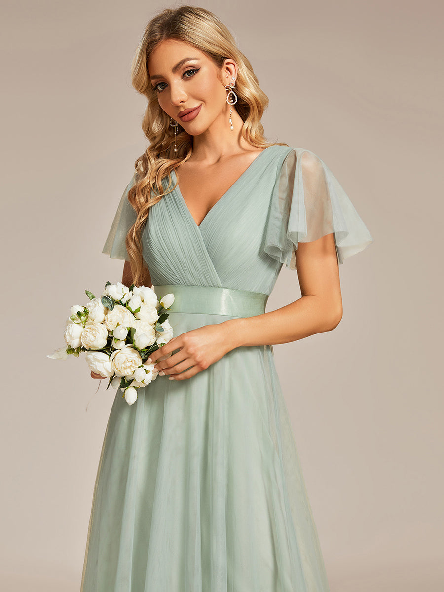 Robe Demoiselle D'Honneur Longue à Col V Et Manches Courtes Pour Femmes #Couleur_Menthe Verte