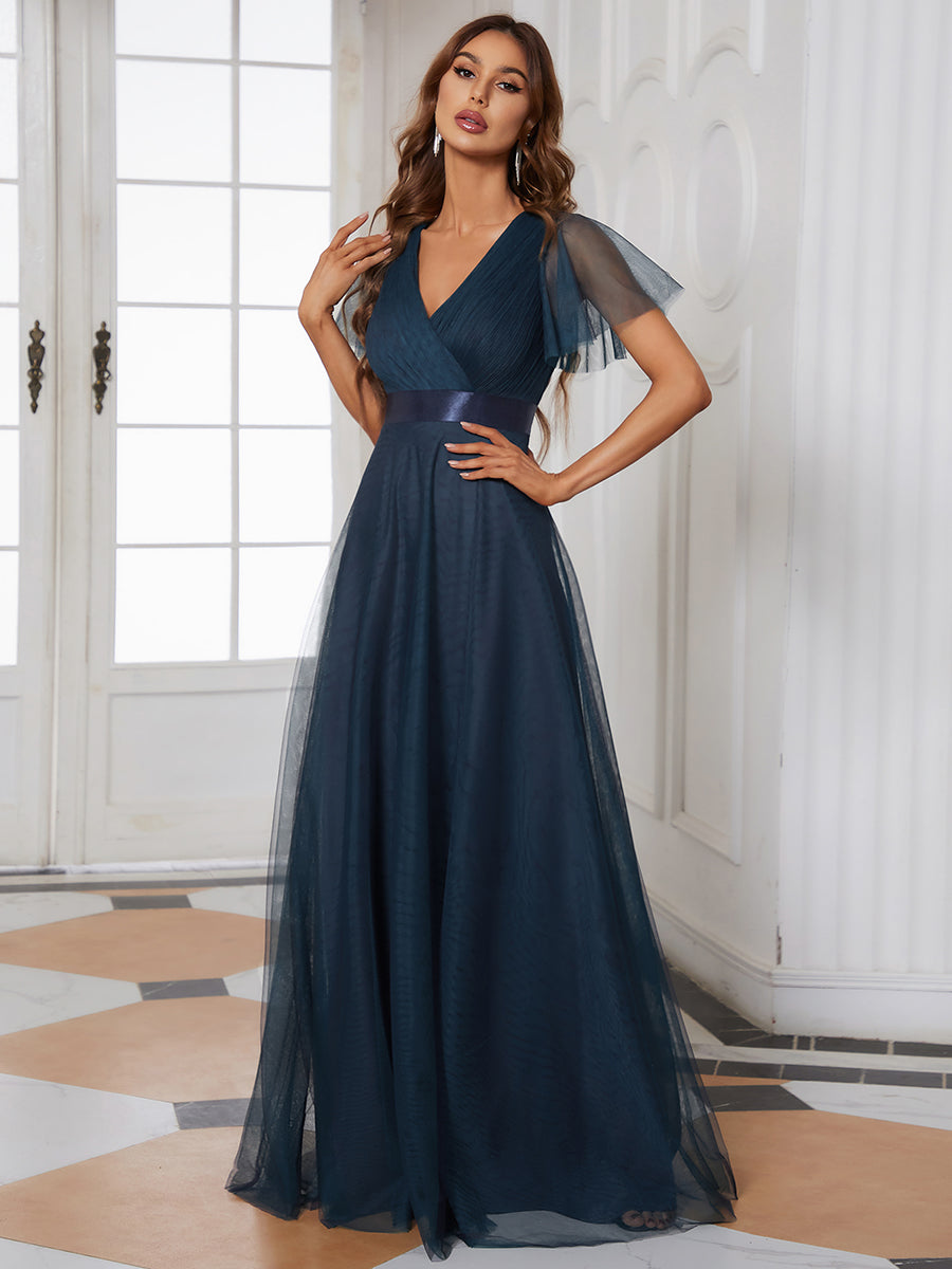 Robe Demoiselle D'Honneur Longue à Col V Et Manches Courtes Pour Femmes #Couleur_Bleu Marine