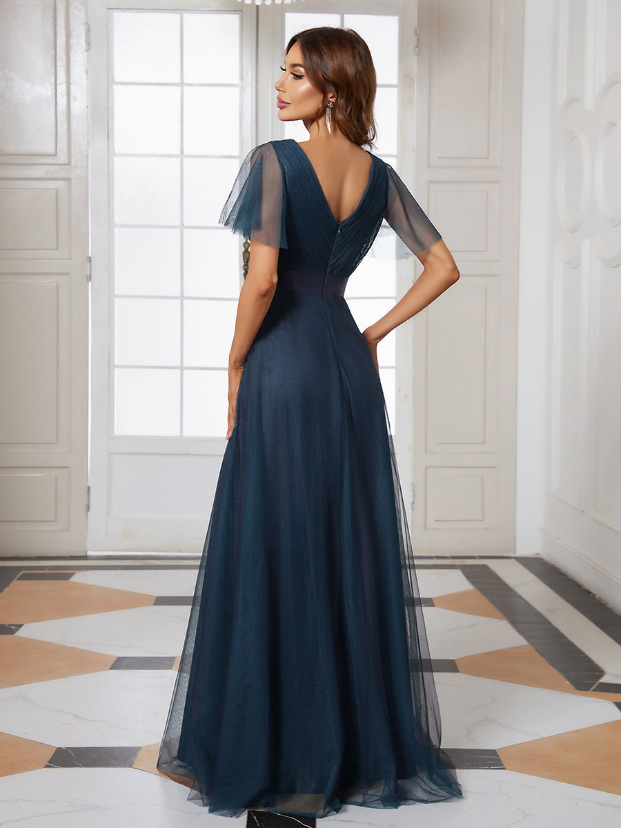 Robe Demoiselle D'Honneur Longue à Col V Et Manches Courtes Pour Femmes #Couleur_Bleu Marine