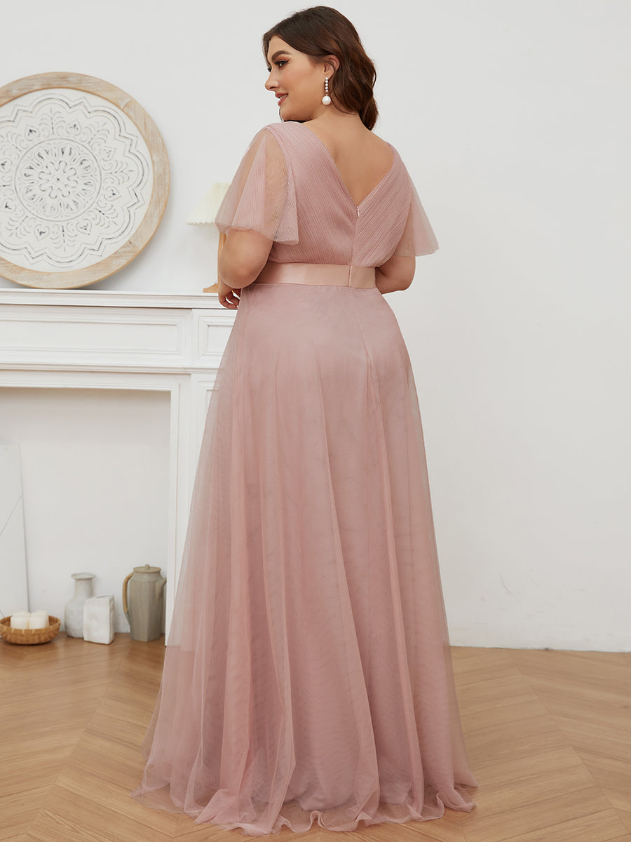 Robe Demoiselle D'Honneur Longue à Col V Et Manches Courtes Pour Femmes #Couleur_Rose