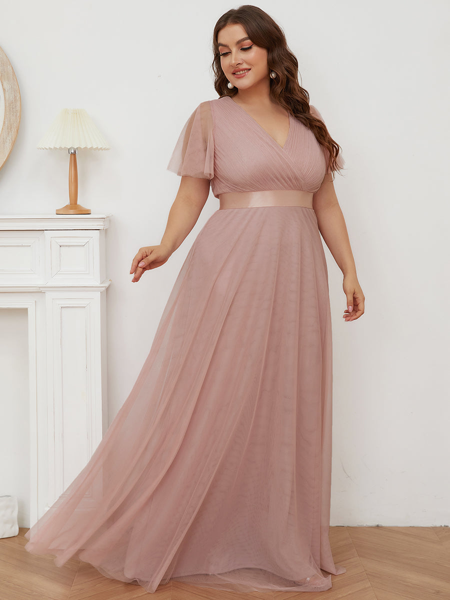 Robe Demoiselle D'Honneur Longue à Col V Et Manches Courtes Pour Femmes #Couleur_Rose