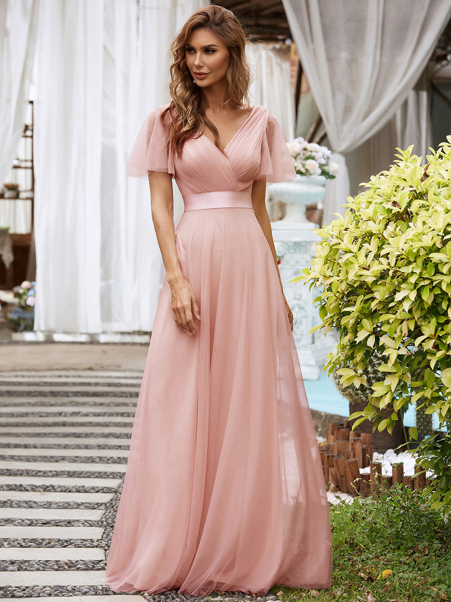 Robe mariage invitee abordable longue a manches courtes et double col V Ever Pretty FR