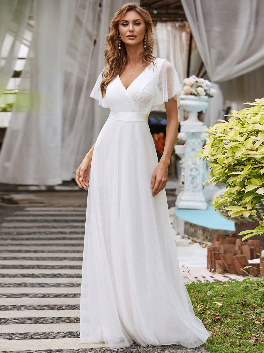 Robe Demoiselle D'Honneur Longue à Col V Et Manches Courtes Pour Femmes #Couleur_Blanc