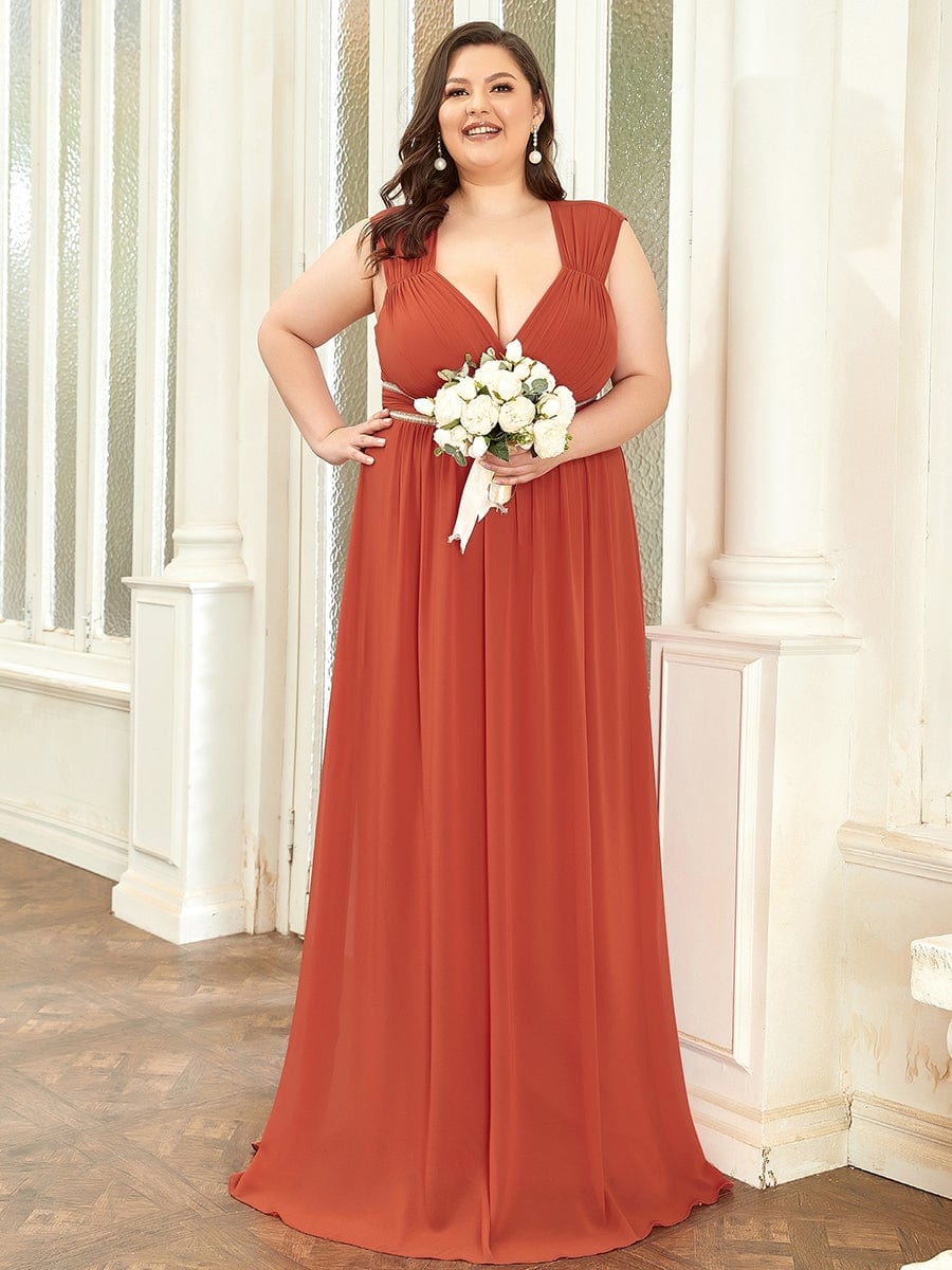 Robe longue de demoiselle d'honneur froncée à col en V #Couleur_Burnt Orange