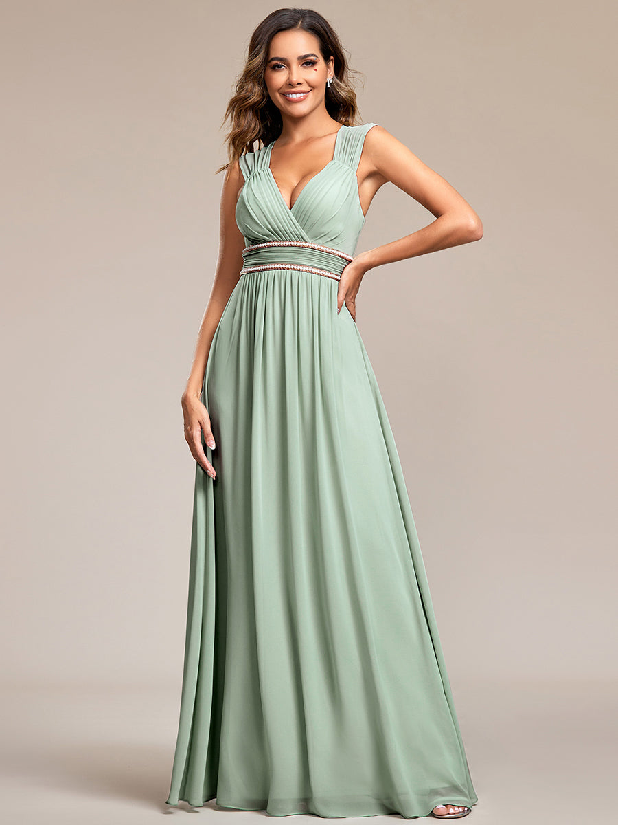 Robe longue de demoiselle d'honneur froncée à col en V #Couleur_Menthe Verte