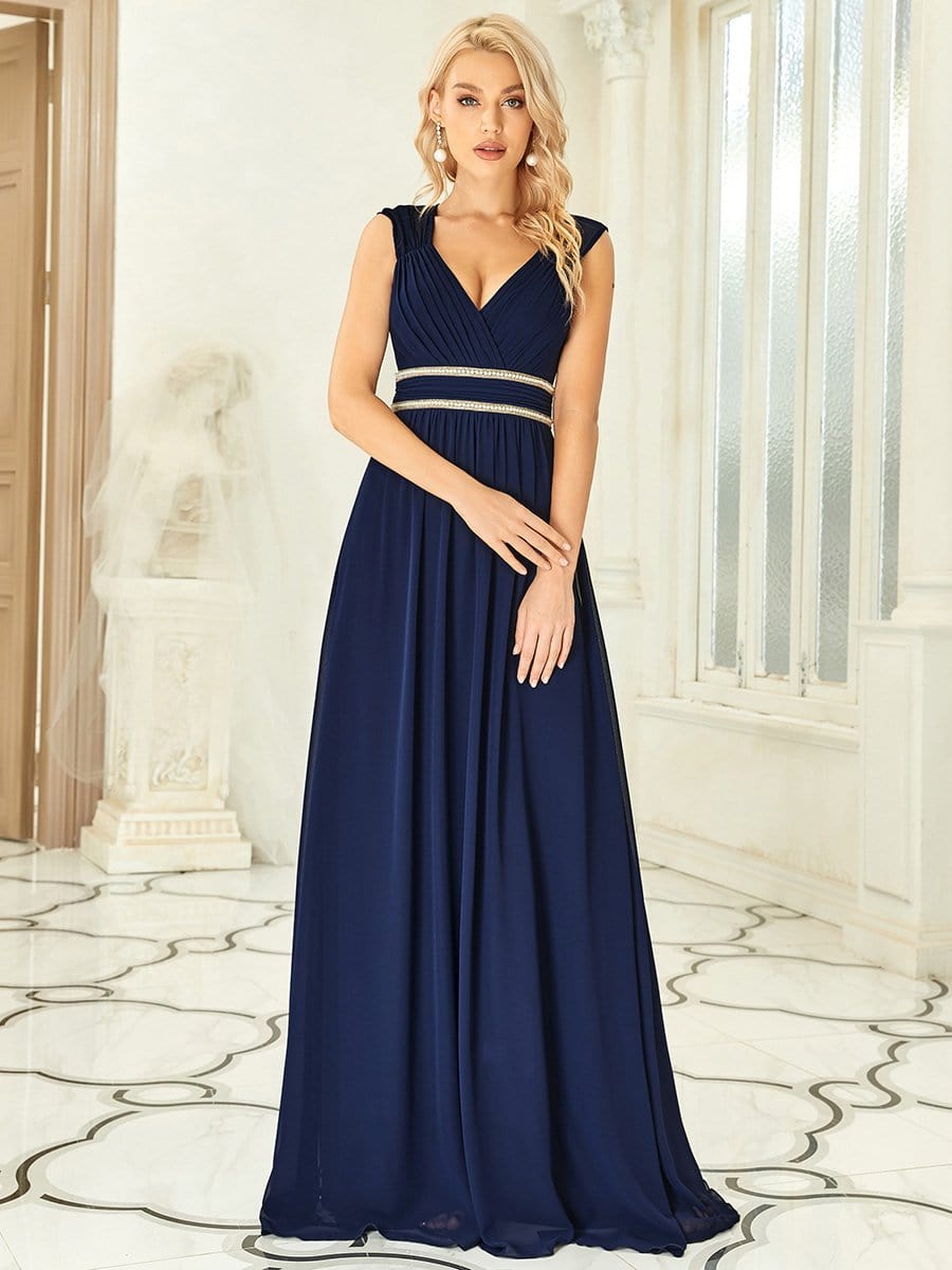 Robe longue de demoiselle d'honneur froncée à col en V #Couleur_Bleu Marine