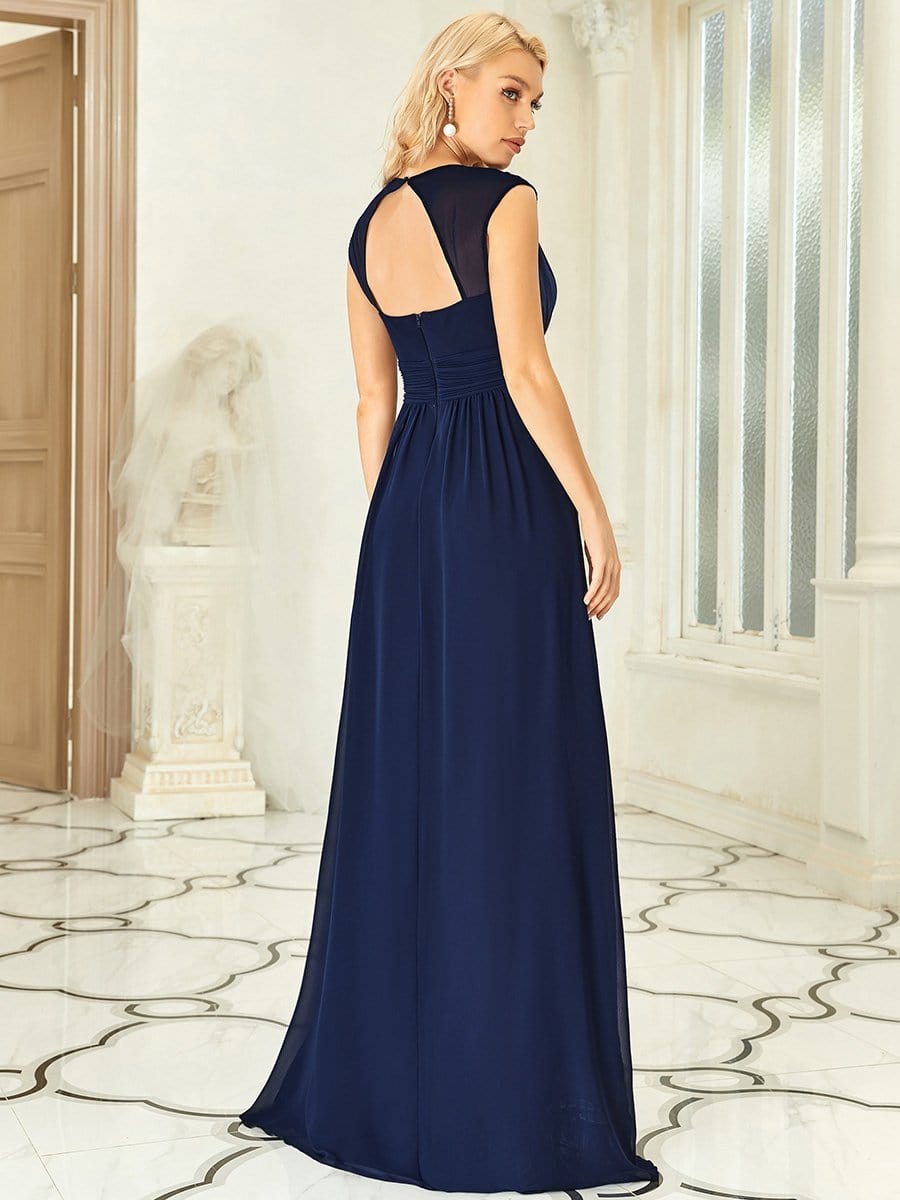 Robe longue de demoiselle d'honneur froncée à col en V #Couleur_Bleu Marine