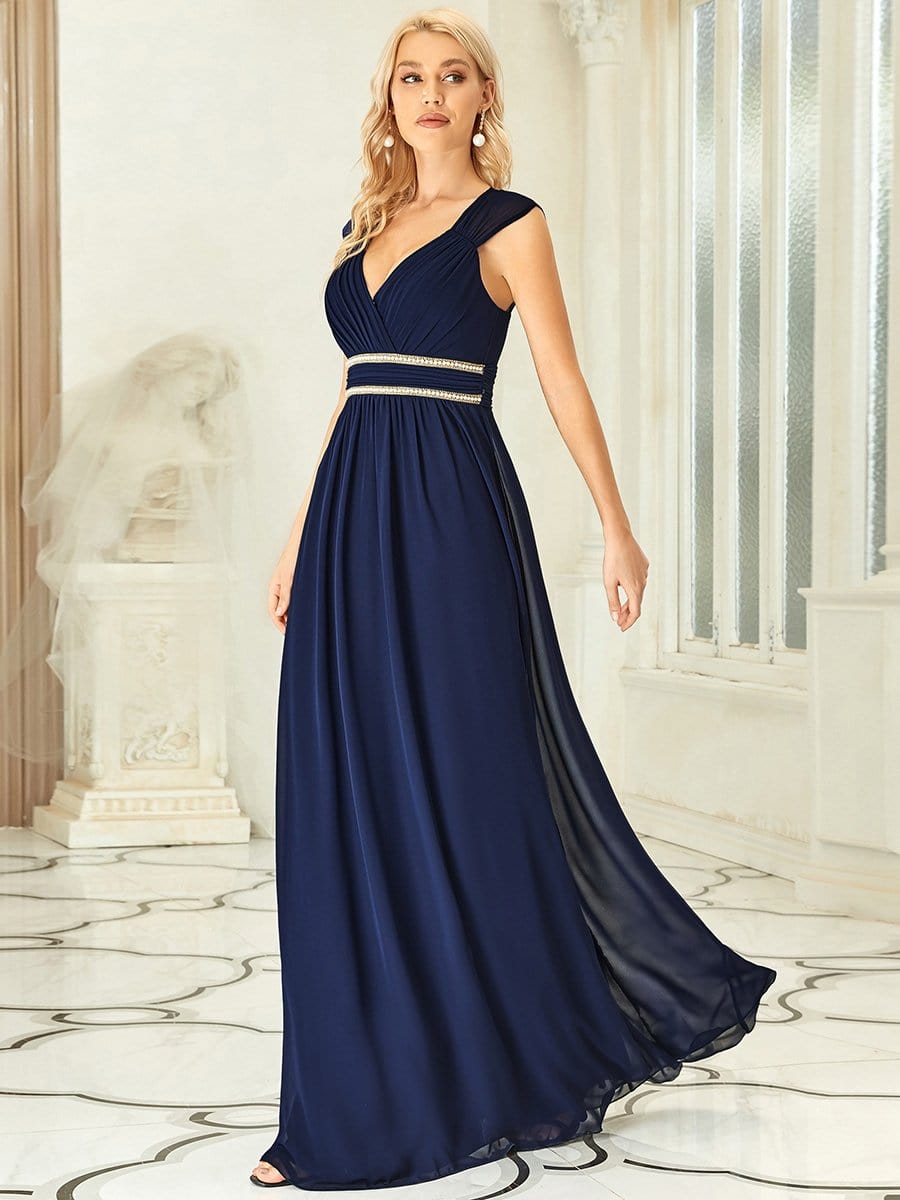 Robe longue de demoiselle d'honneur froncée à col en V #Couleur_Bleu Marine