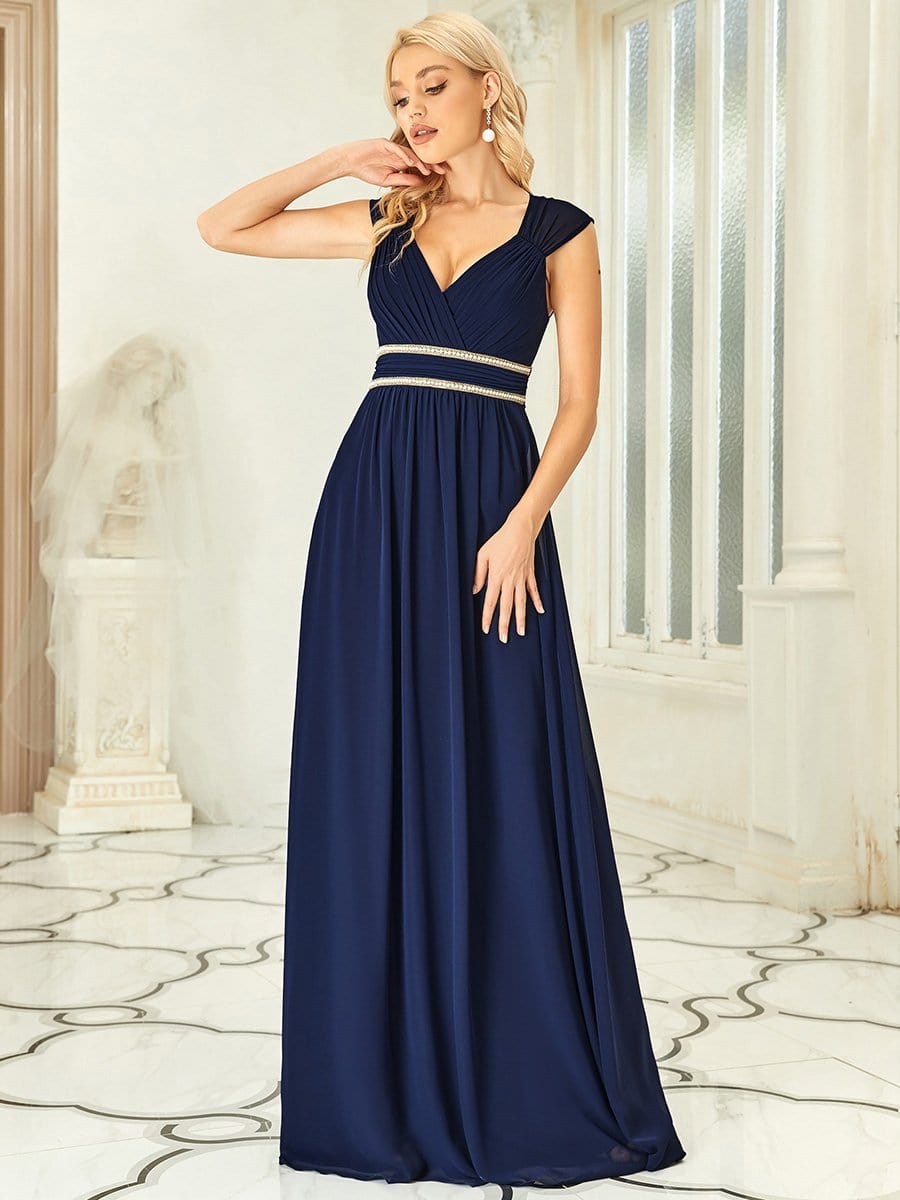 Robe longue de demoiselle d'honneur froncée à col en V #Couleur_Bleu Marine