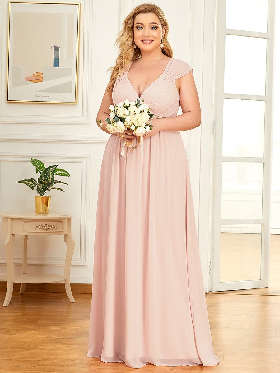 Robe longue de demoiselle d'honneur froncée à col en V #Couleur_Rose