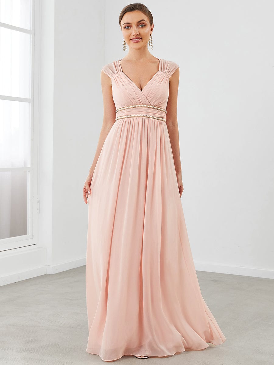 Robe longue de demoiselle d'honneur froncée à col en V #Couleur_Rose