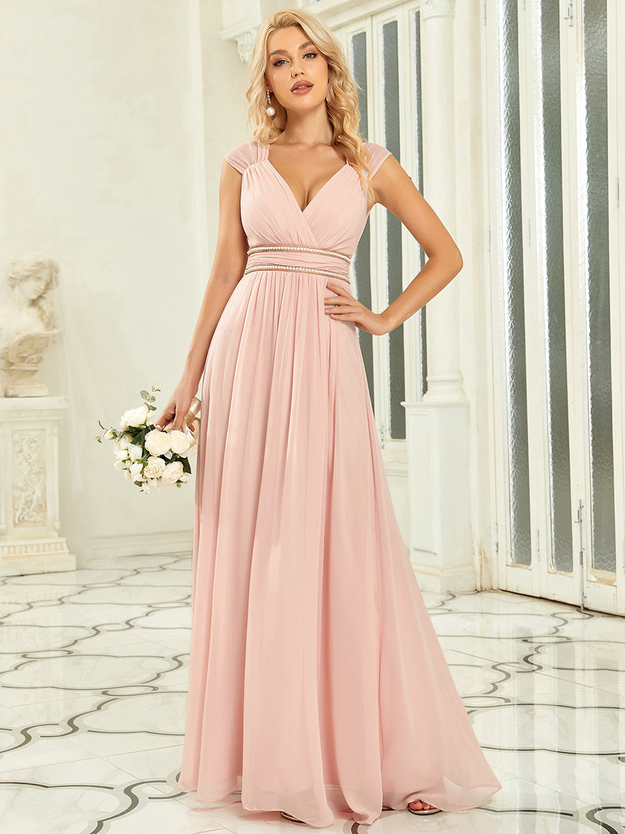 Robe longue de demoiselle d'honneur froncée à col en V #Couleur_Rose