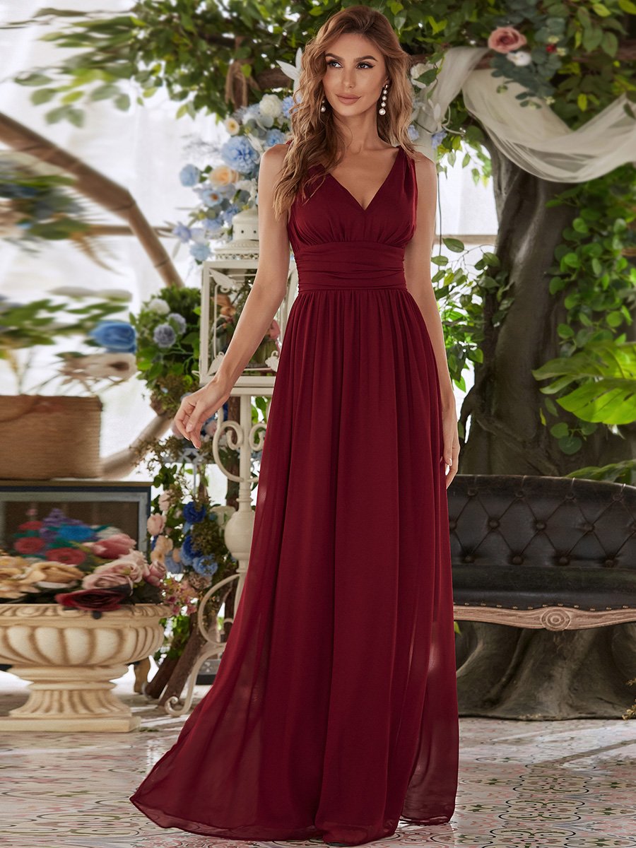 élégant col en V A Line Boho Longue Femme robe de demoiselle d'honneur #Couleur_Bordeaux