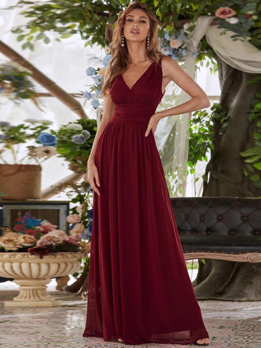 Taille personnalisée Robe de soirée sans manches plissé chiffon #Couleur_Bordeaux