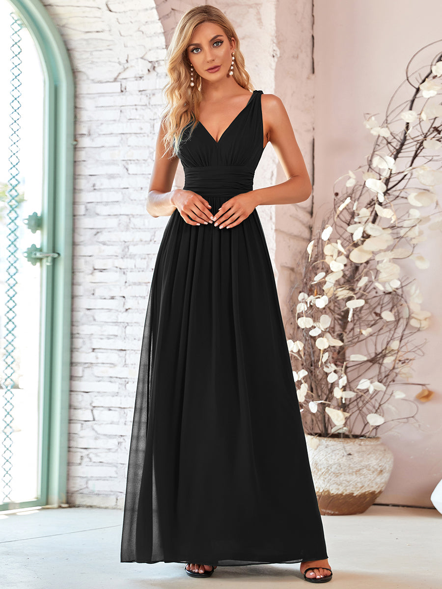 Col V sans manches plissé chiffon robe de soirée #Couleur_Noir