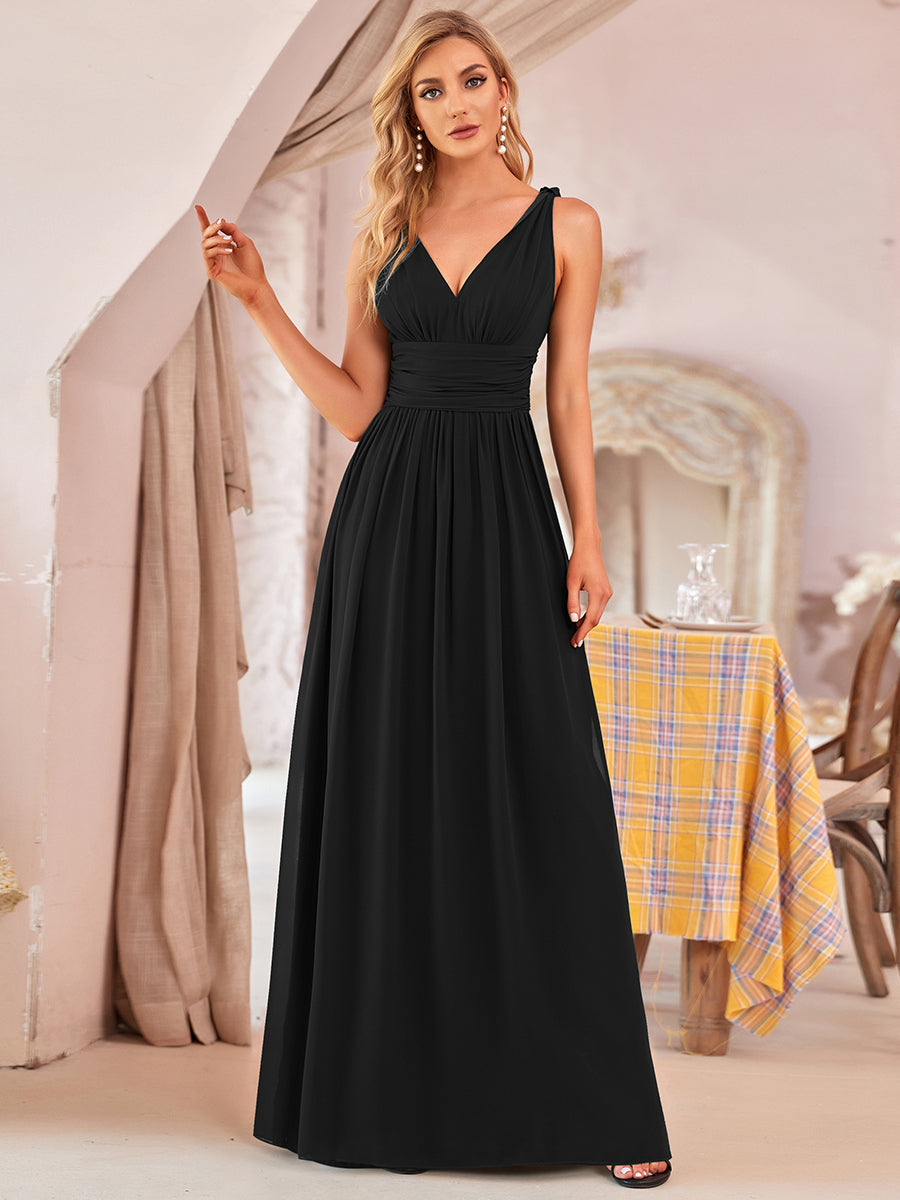 Col V sans manches plissé chiffon robe de soirée #Couleur_Noir