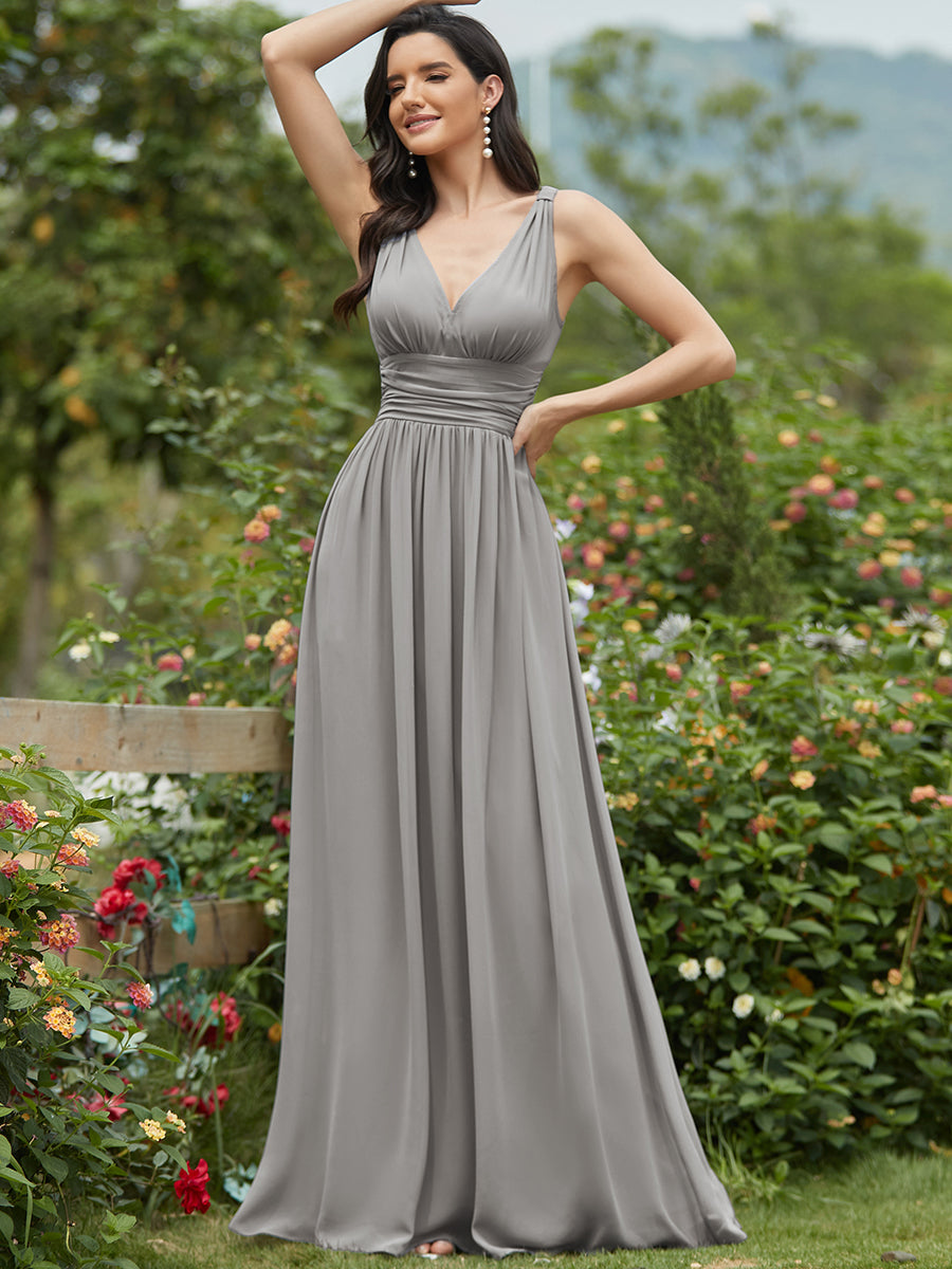 élégant col en V A Line Boho Longue Femme robe de demoiselle d'honneur #Couleur_Gris