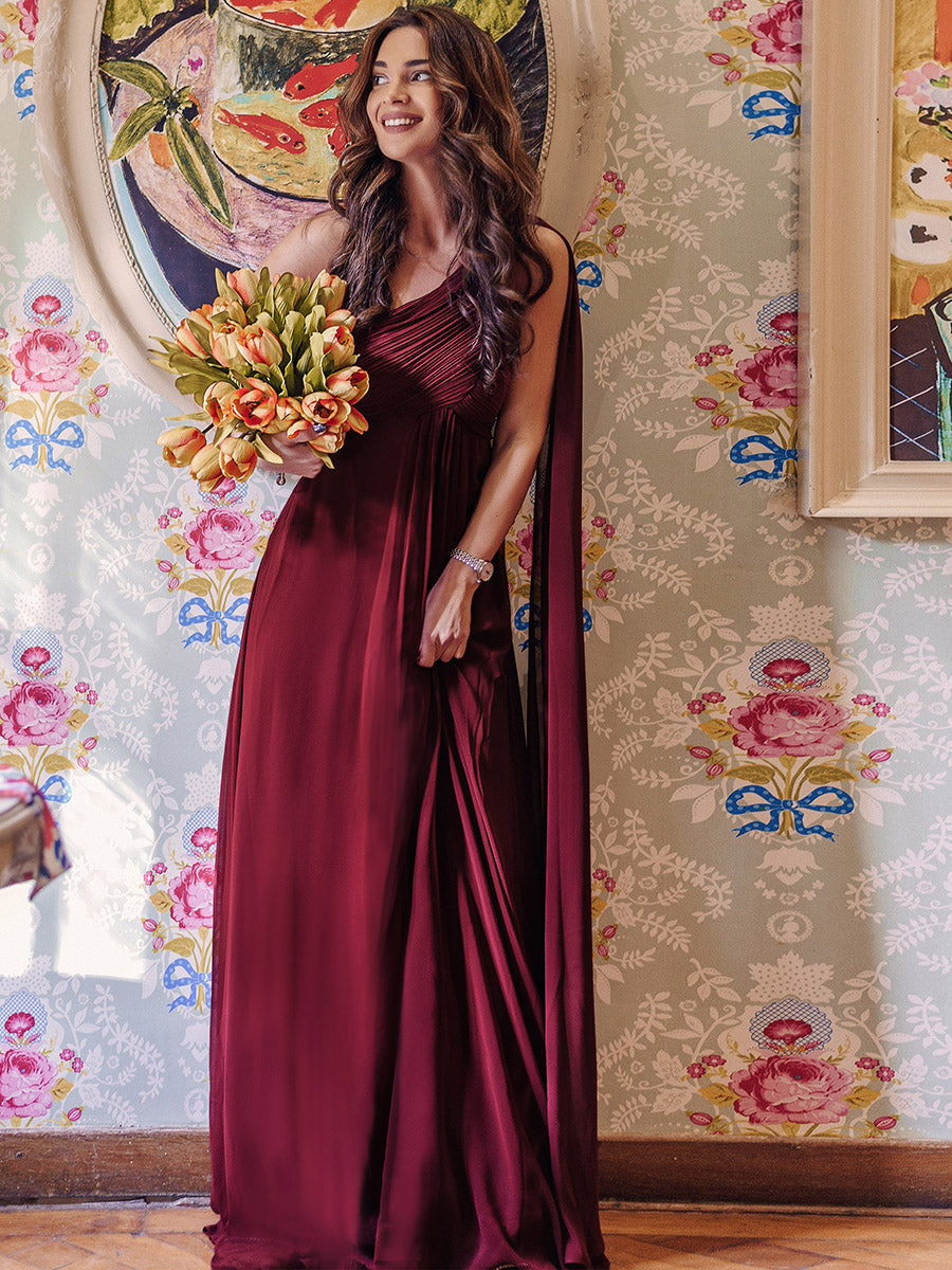 Robes de Soirée élégant Maxi Chiffon avec Une épaule pour Femmes #Couleur_Bordeaux