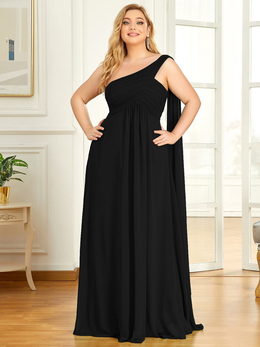 Robes de Soirée Grande Taille Maxi Chiffon avec Une épaule pour Femmes #Couleur_Noir