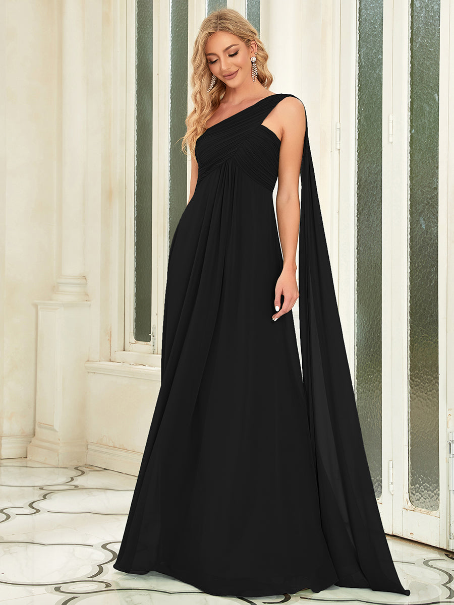 Robes de Soirée élégant Maxi Chiffon avec Une épaule pour Femmes #Couleur_Noir