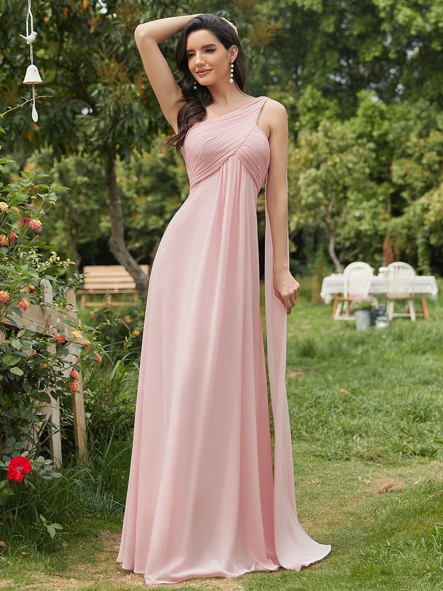 Robes de Soirée élégant Maxi Chiffon avec Une épaule pour Femmes #Couleur_Rose