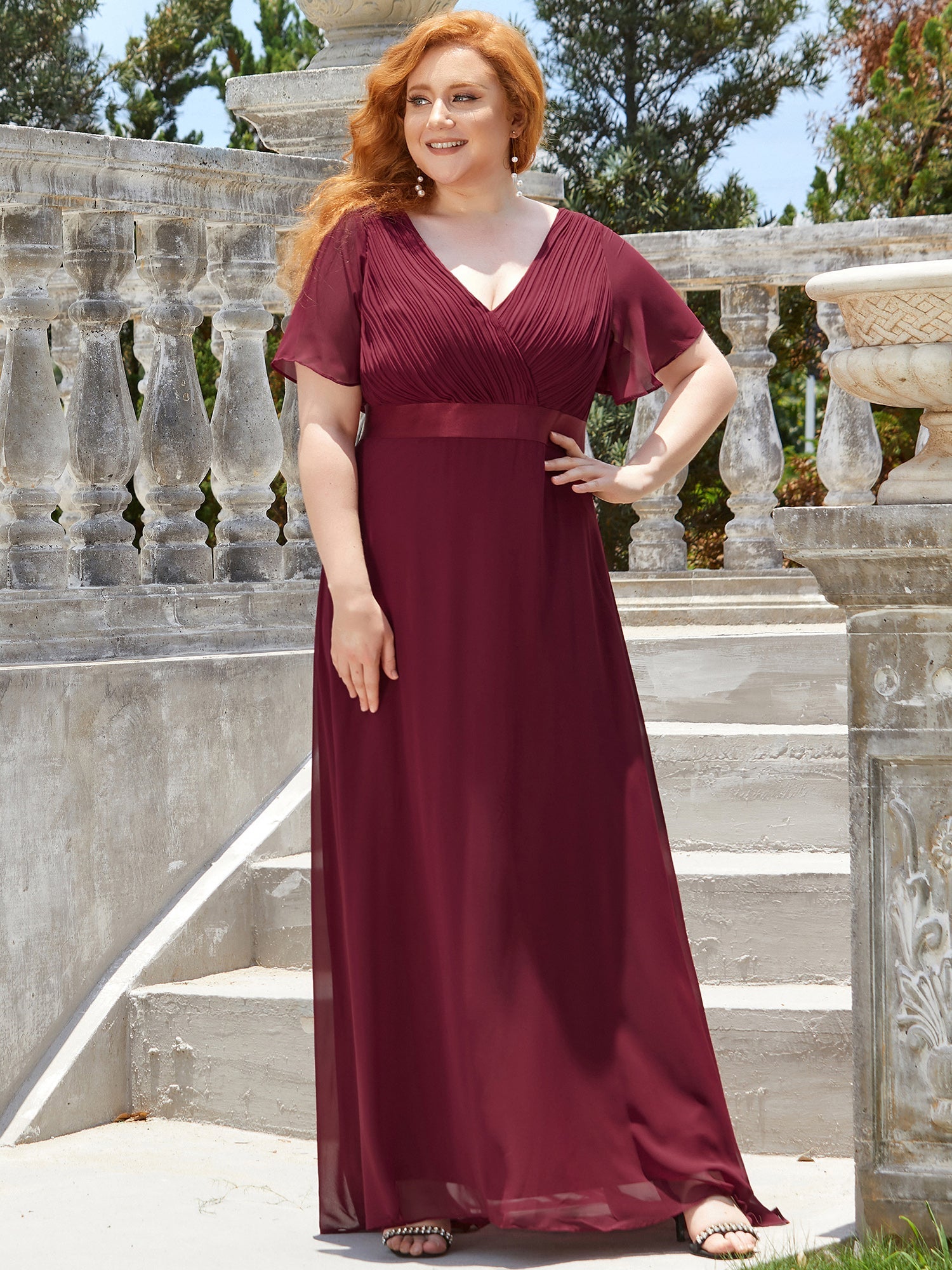 Robe de Soirée Grande Taille Empire avec Manches Flottantes #Couleur_Bordeaux