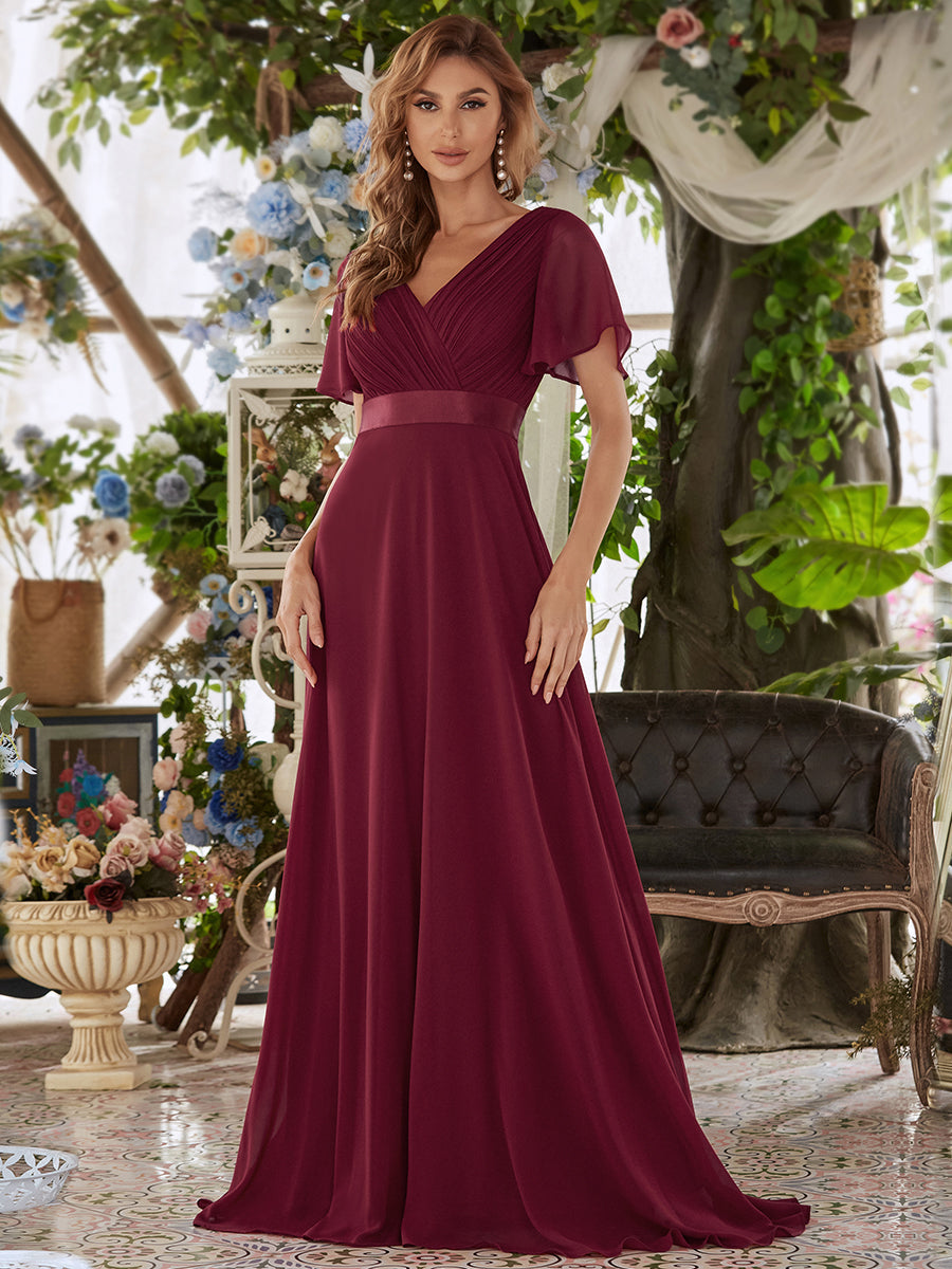 Taille personnalisée Robe de demoiselle d'honneur longue manches courtes #Couleur_Bordeaux