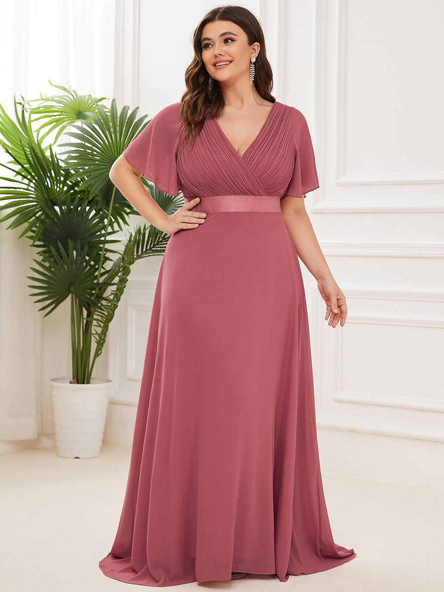 Robe mariage invitée Grande Taille Empire avec Manches Flottantes #Couleur_Rose corail