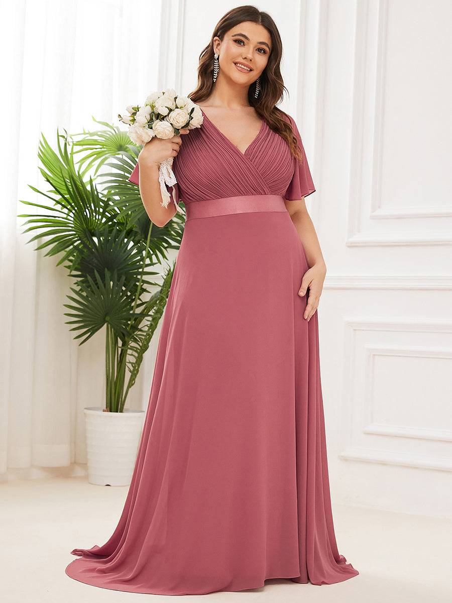 Robe mariage invitée Grande Taille Empire avec Manches Flottantes #Couleur_Rose corail