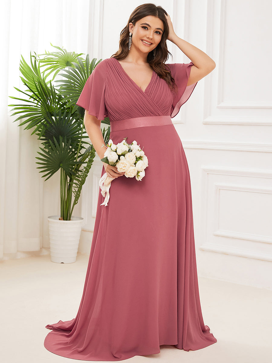 Robe mariage invitée Grande Taille Empire avec Manches Flottantes #Couleur_Rose corail