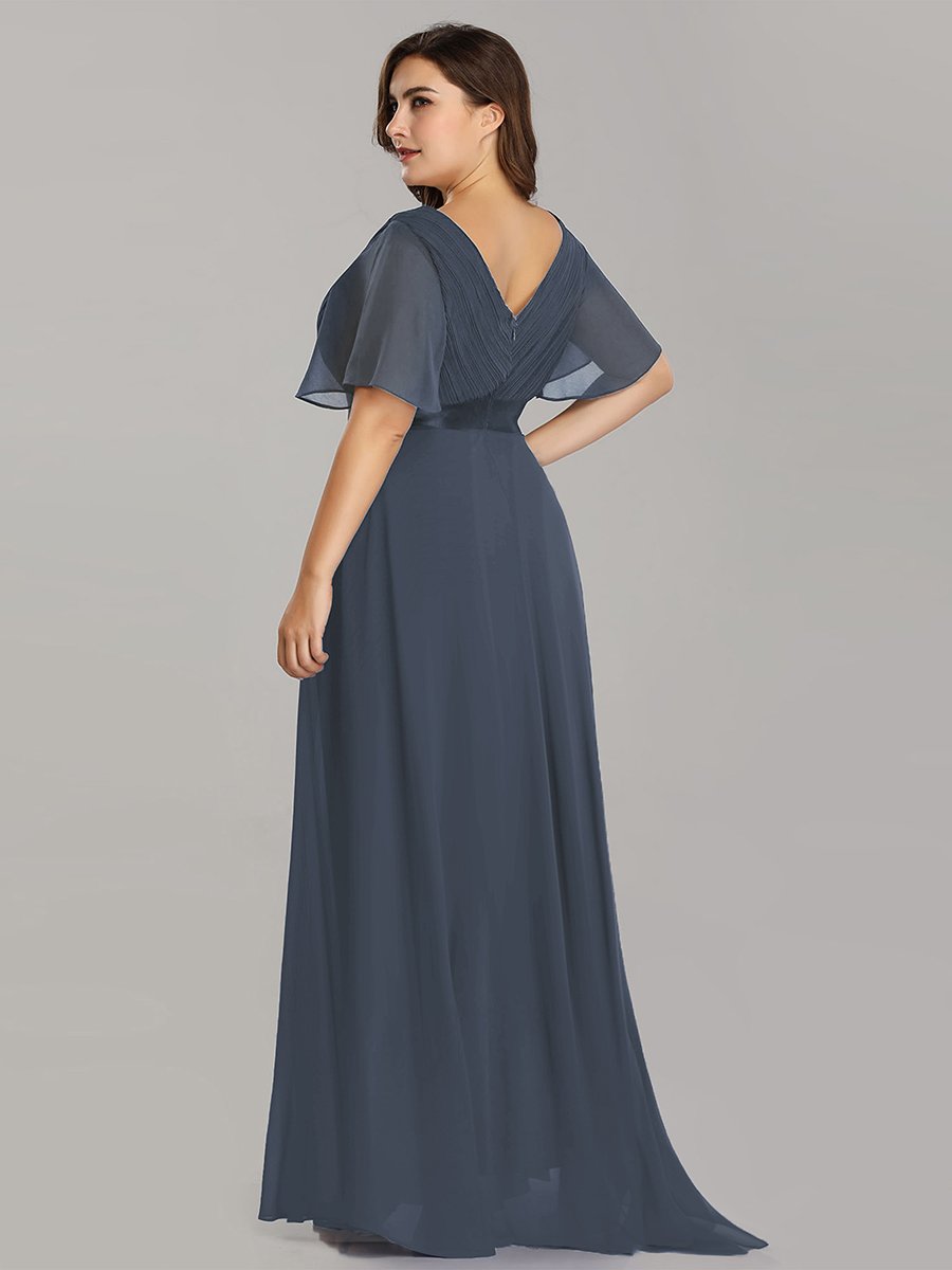 Robe de Soirée Grande Taille Empire avec Manches Flottantes #Couleur_Marine Fume