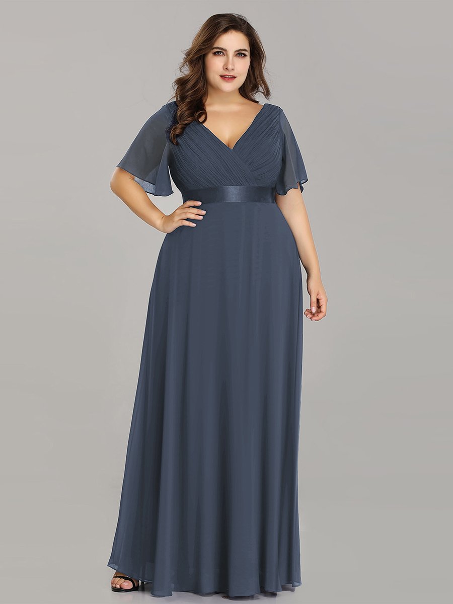 Robe mariage invitée Grande Taille Empire avec Manches Flottantes #Couleur_Marine Fume