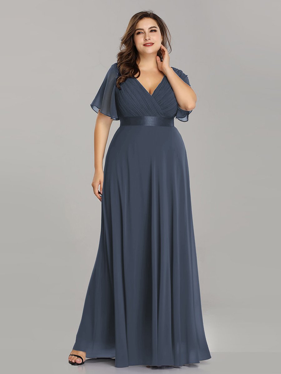 Robe mariage invitée Grande Taille Empire avec Manches Flottantes #Couleur_Marine Fume