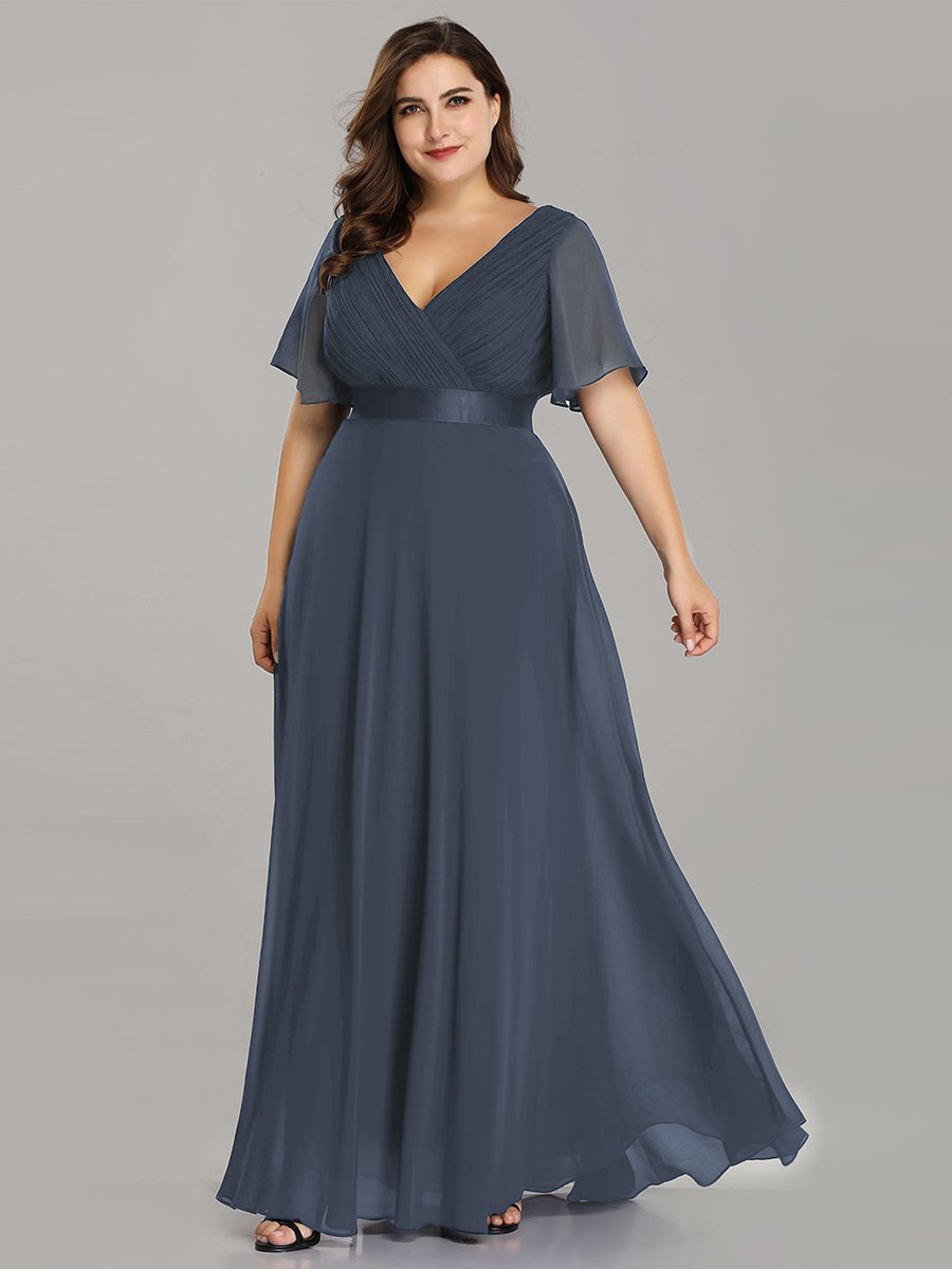 Robe mariage invitée Grande Taille Empire avec Manches Flottantes #Couleur_Marine Fume