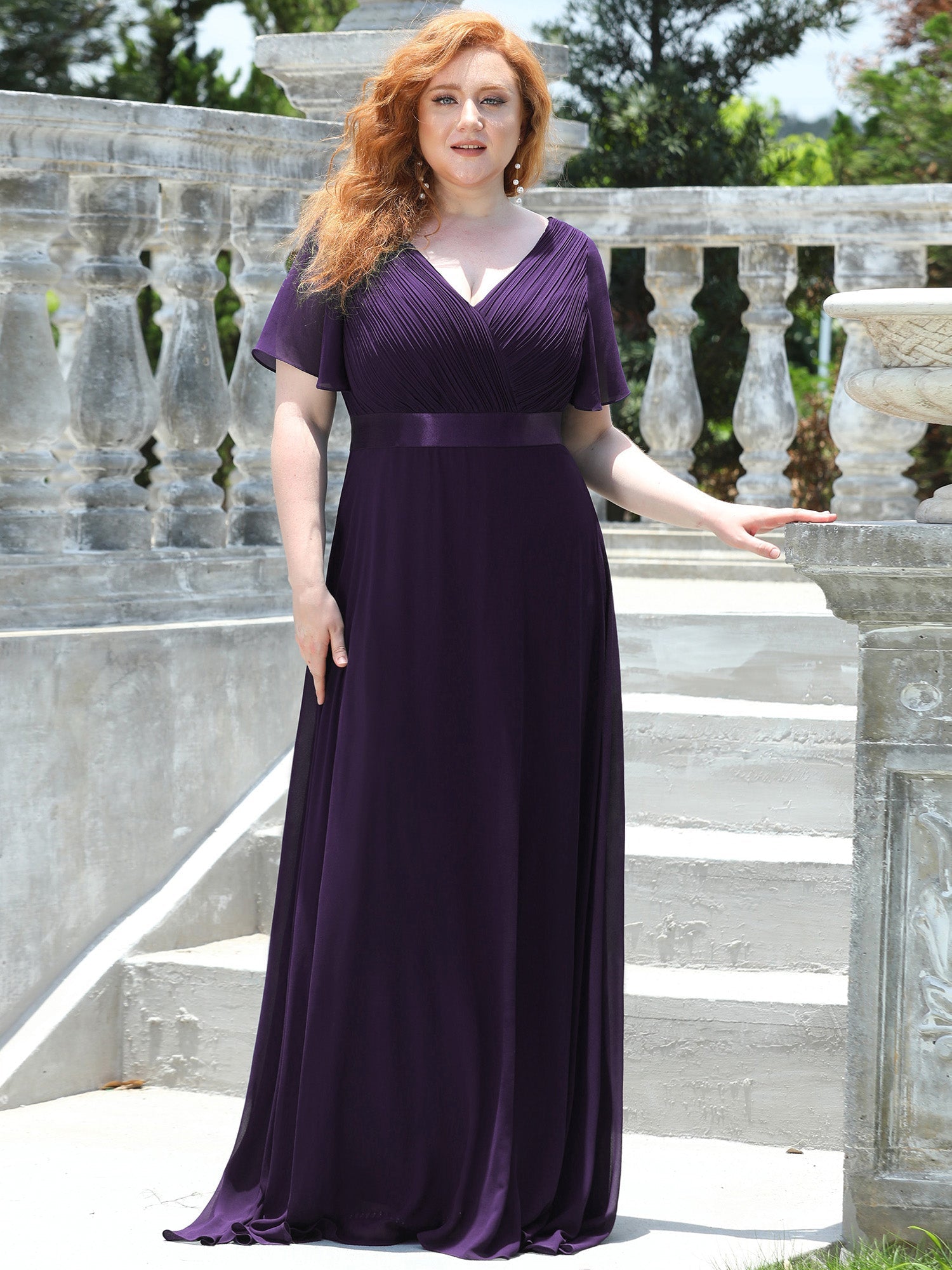 Robe mariage invitée Grande Taille Empire avec Manches Flottantes #Couleur_Violet Fonce