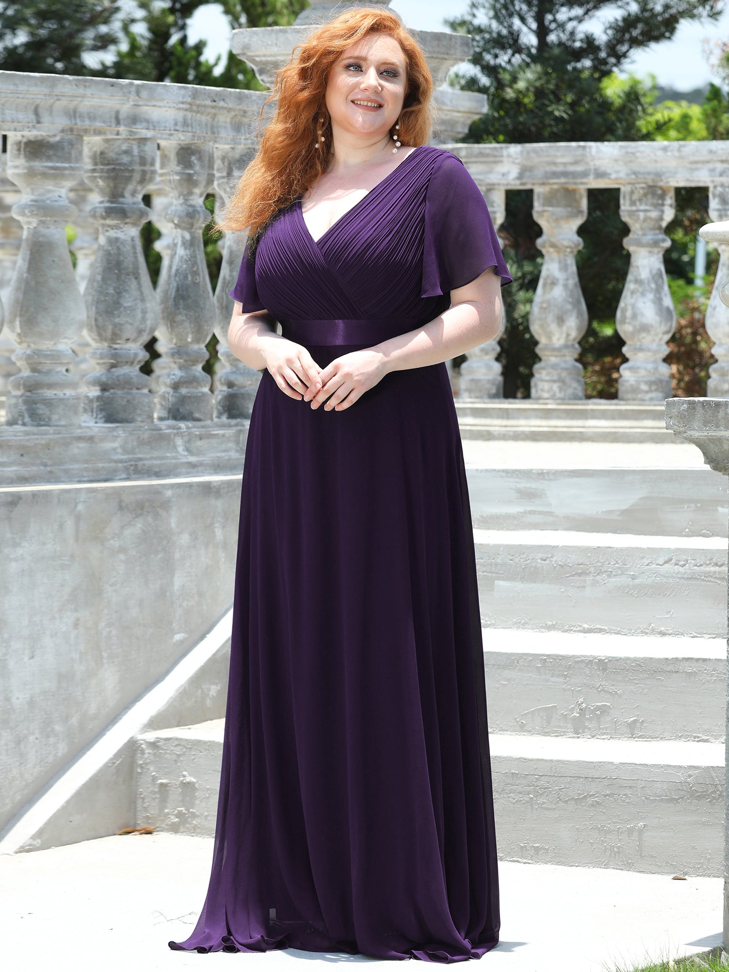 Robe mariage invitée Grande Taille Empire avec Manches Flottantes #Couleur_Violet Fonce