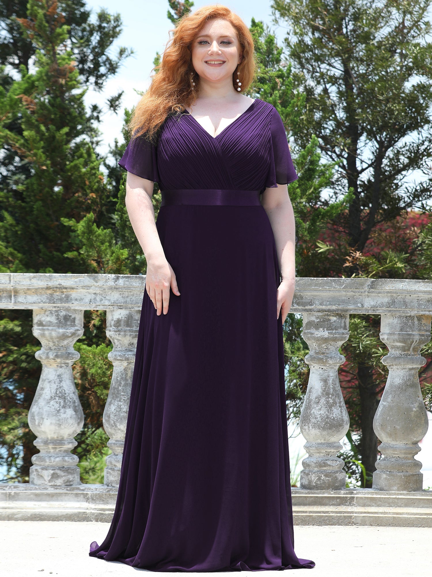 Robe mariage invitée Grande Taille Empire avec Manches Flottantes #Couleur_Violet Fonce