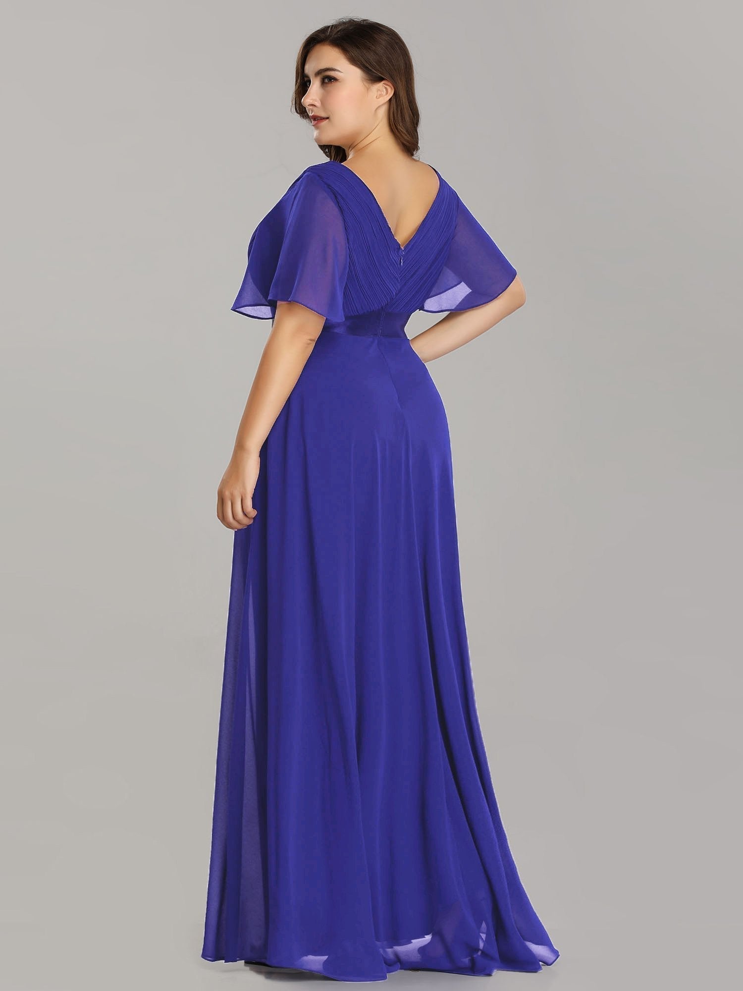 Robe mariage invitée Grande Taille Empire avec Manches Flottantes #Couleur_Bleu Saphir