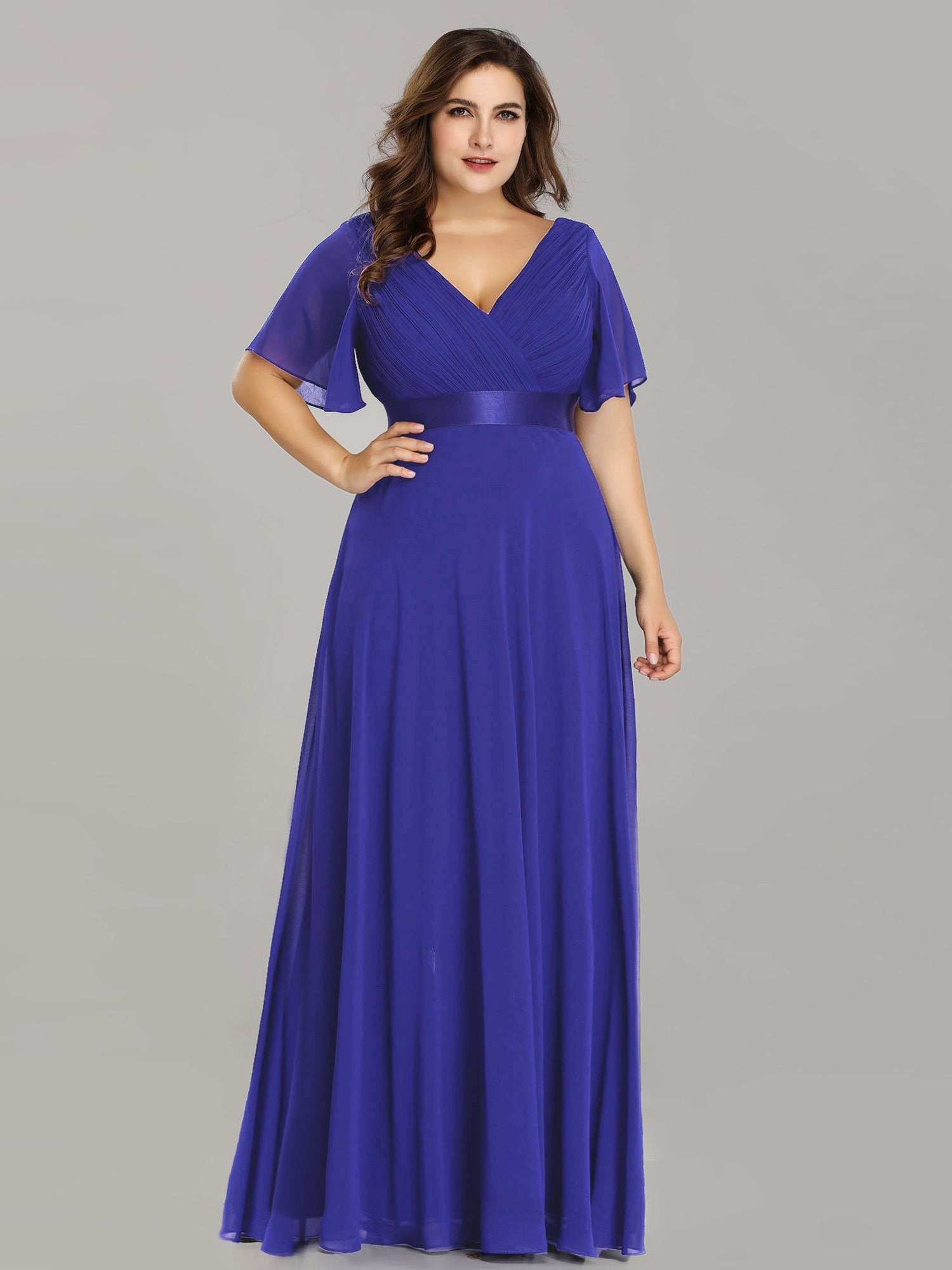 Robe de Soirée Grande Taille Empire avec Manches Flottantes #Couleur_Bleu Saphir