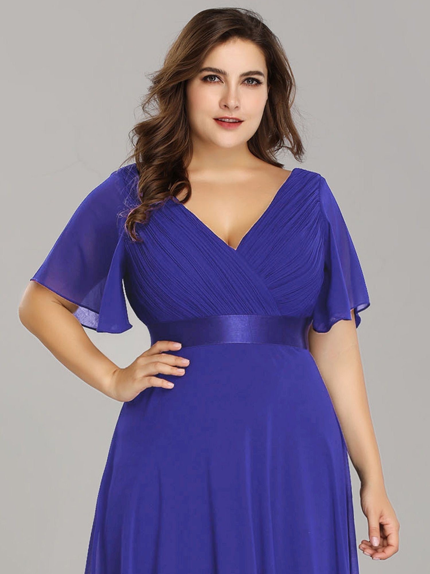 Robe de Soirée Grande Taille Empire avec Manches Flottantes #Couleur_Bleu Saphir