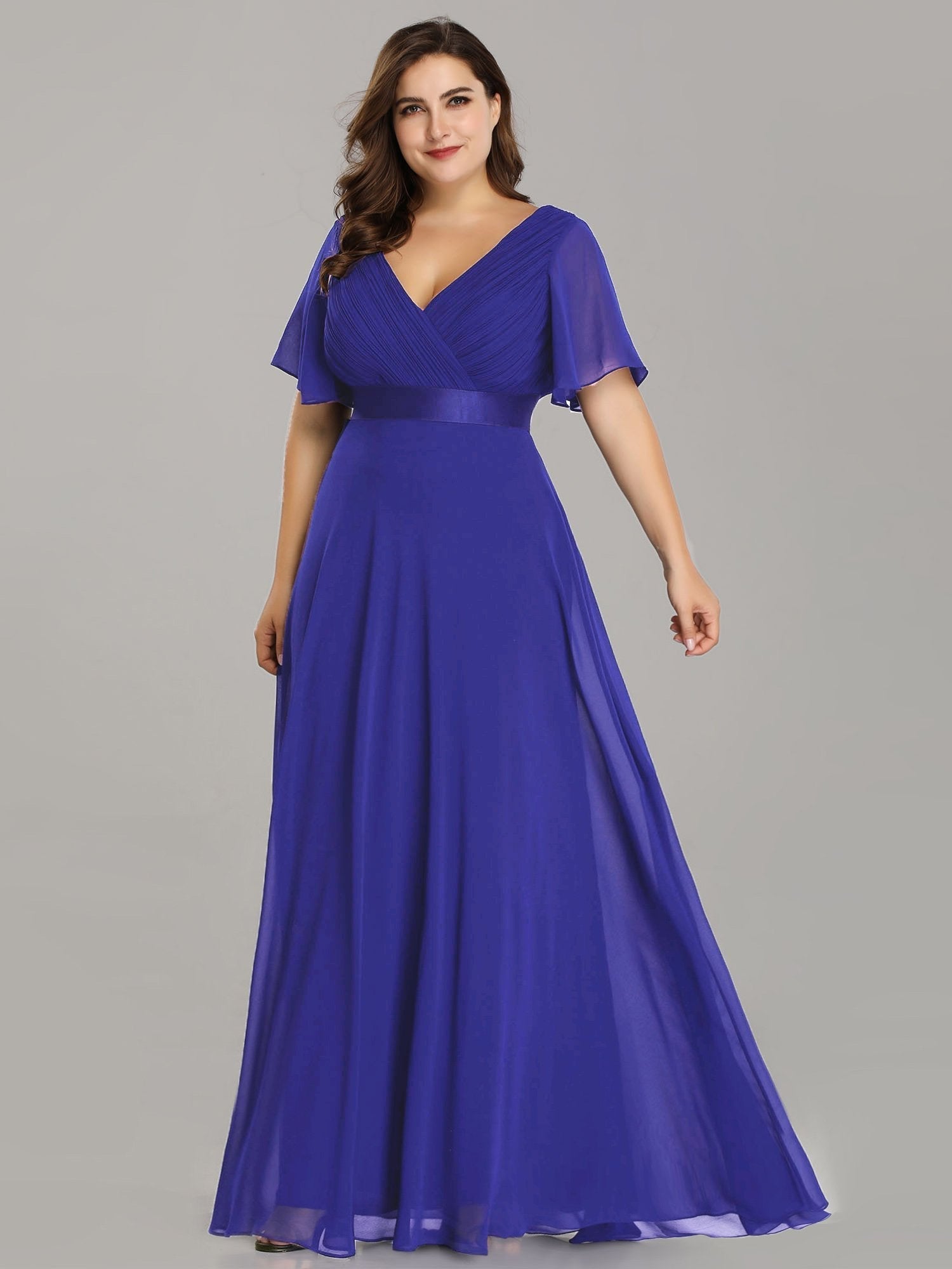 Robe mariage invitée Grande Taille Empire avec Manches Flottantes #Couleur_Bleu Saphir