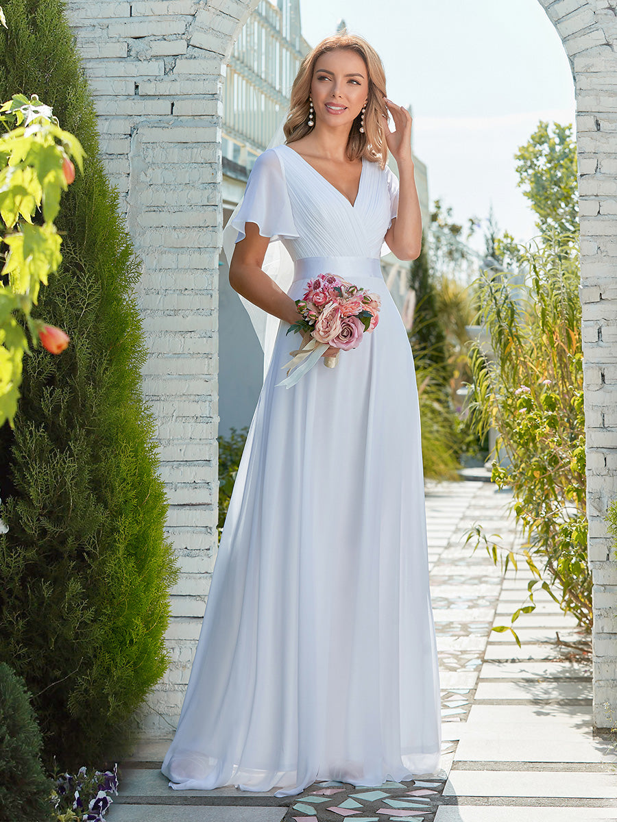 Maxi robe de mariée minimaliste en mousseline de soie avec ceinture en satin #Couleur_Blanc